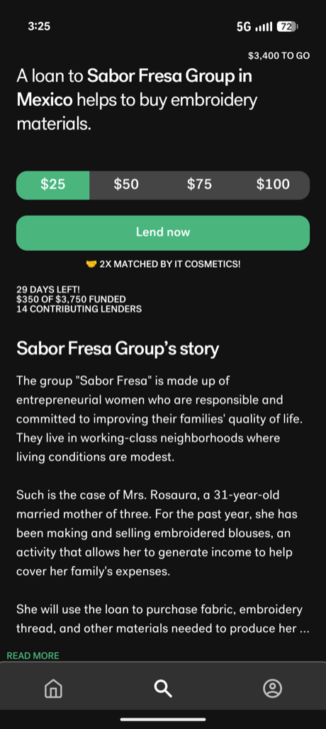 Kiva app — lending to an embroidery group in Mexico