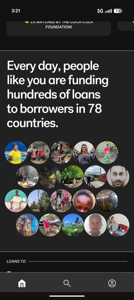 Kiva app — borrowers funded across 78 countries