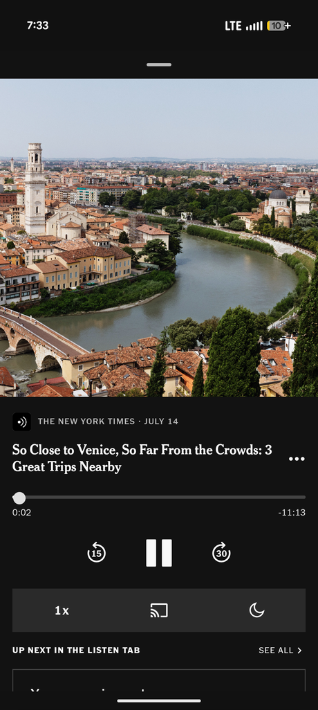 The New York Times app — narrated article audio player